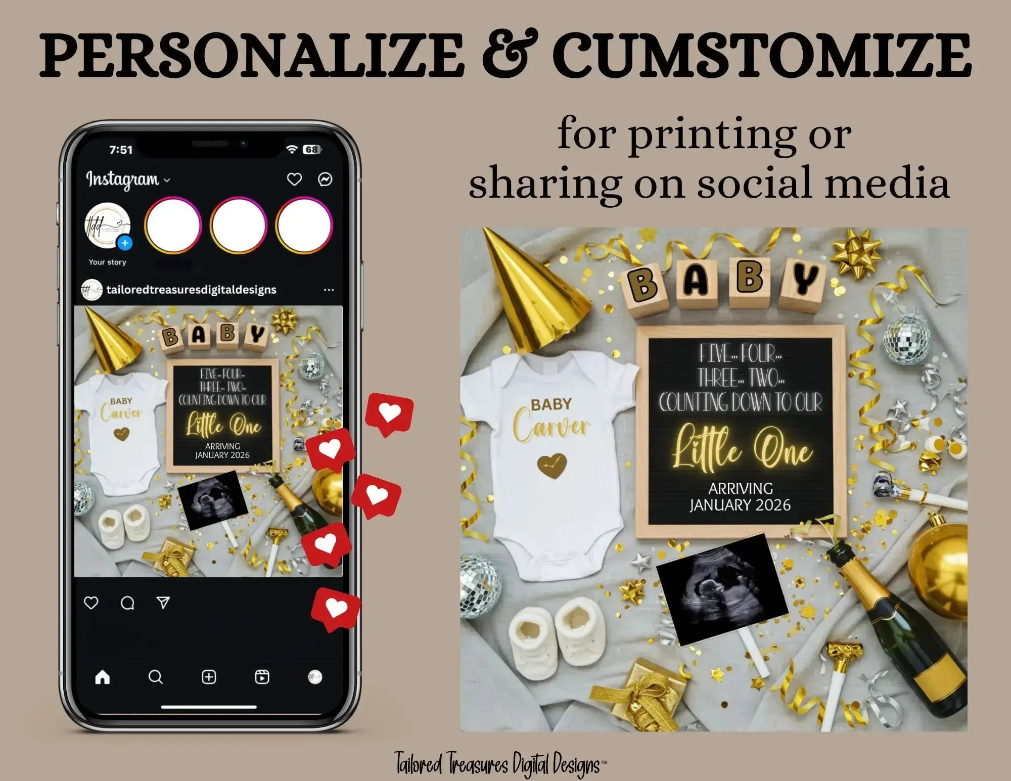Phone screen with social media app interface and baby-themed design elements on a beige background.