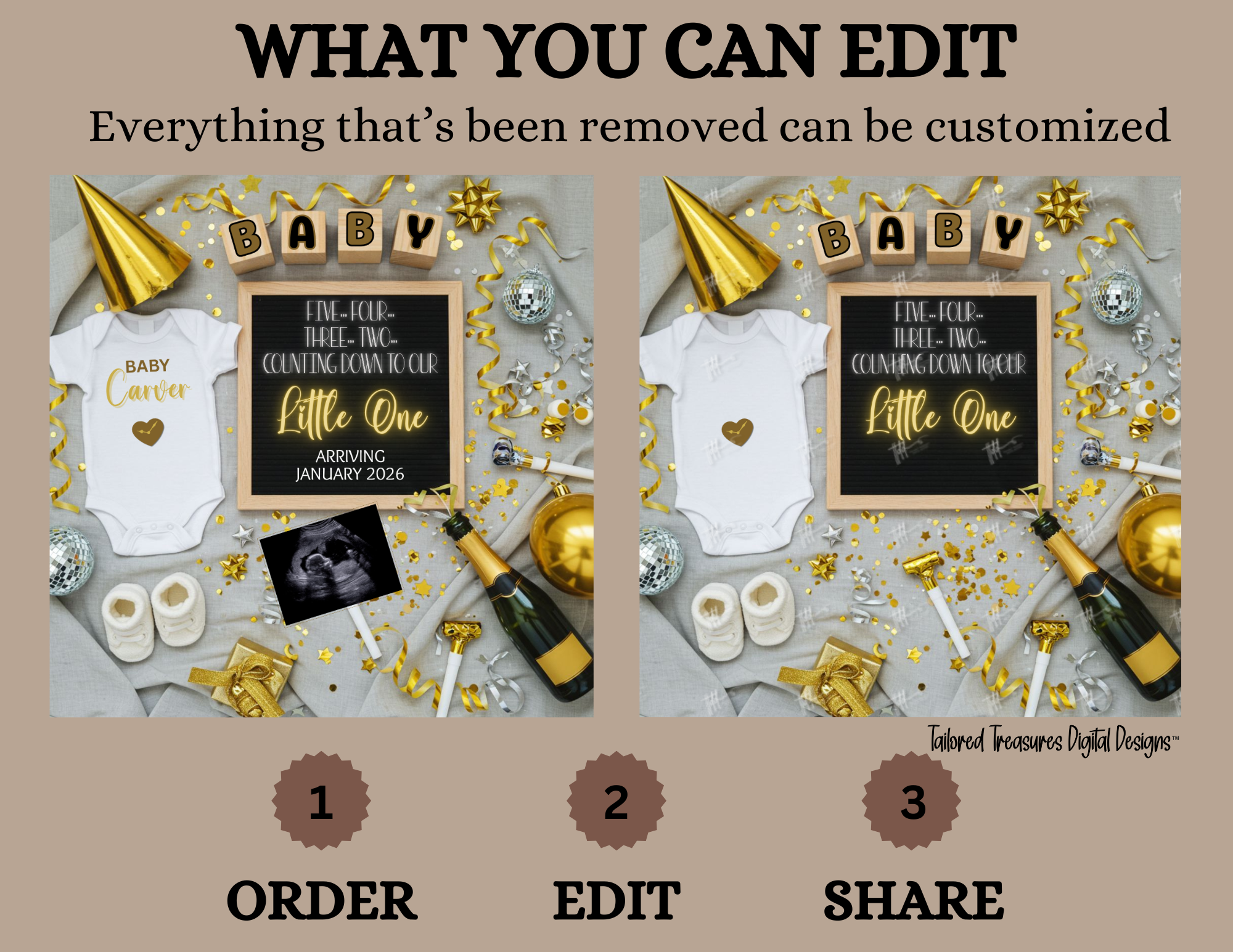 Digital design for a baby shower with customizable elements on a beige background.