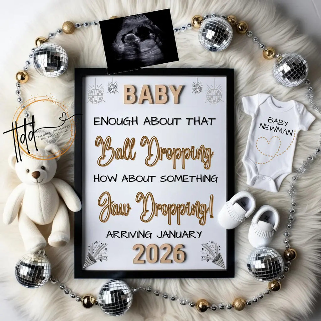 Ball Dropping, Jaw Dropping News, New Years Digital Pregnancy Announcement, Customizable Editable Template, Gender Neutral Baby Reveal - TailoredTreasuresDigitalDesigns™
