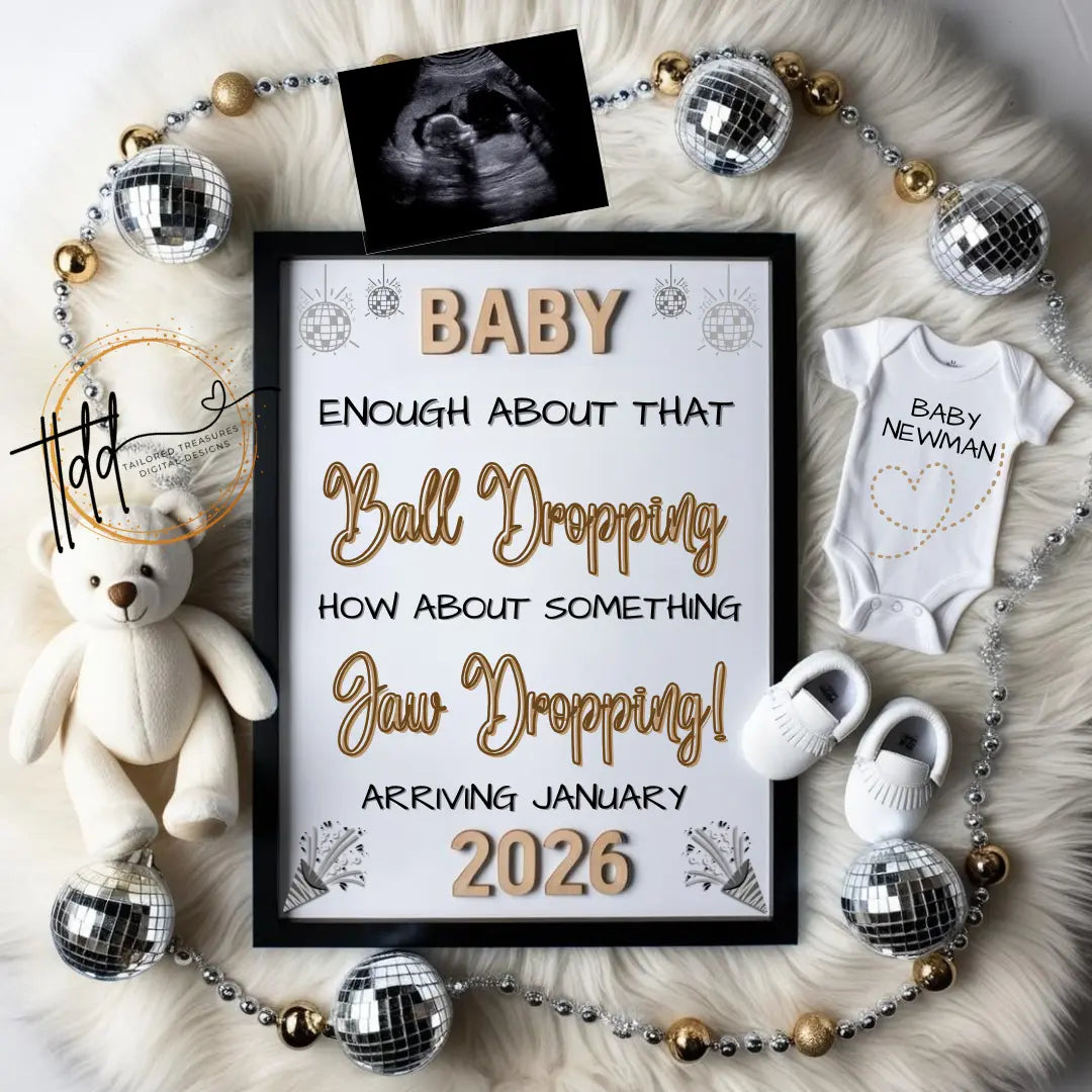 Ball Dropping, Jaw Dropping News, New Years Digital Pregnancy Announcement, Customizable Editable Template, Gender Neutral Baby Reveal - TailoredTreasuresDigitalDesigns™