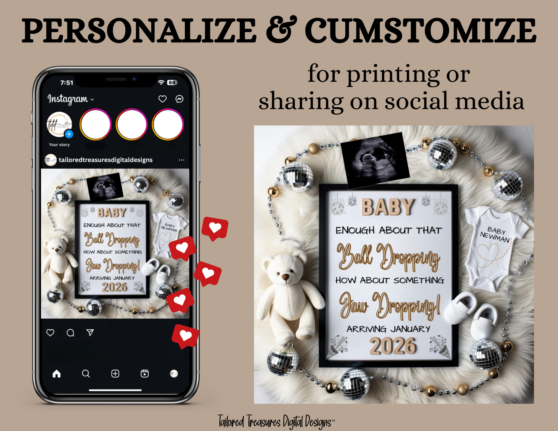 Phone screen with baby announcement design and physical print of design on a brown background