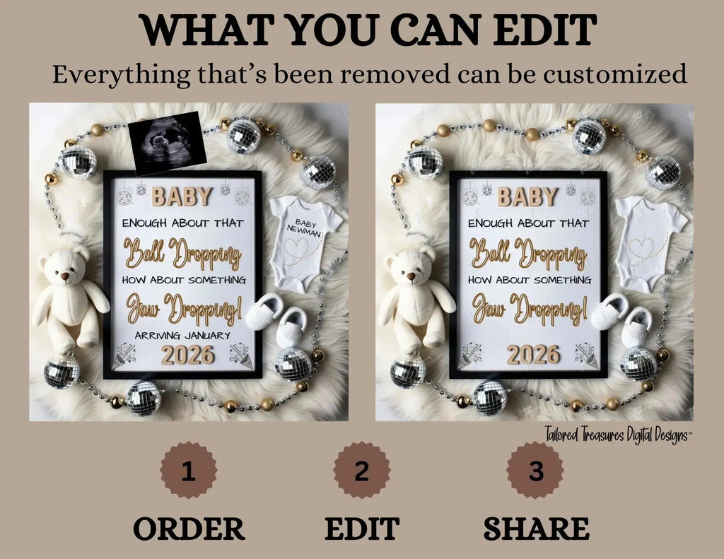 Ball Dropping, Jaw Dropping News, New Years Digital Pregnancy Announcement, Customizable Editable Template, Gender Neutral Baby Reveal - TailoredTreasuresDigitalDesigns™