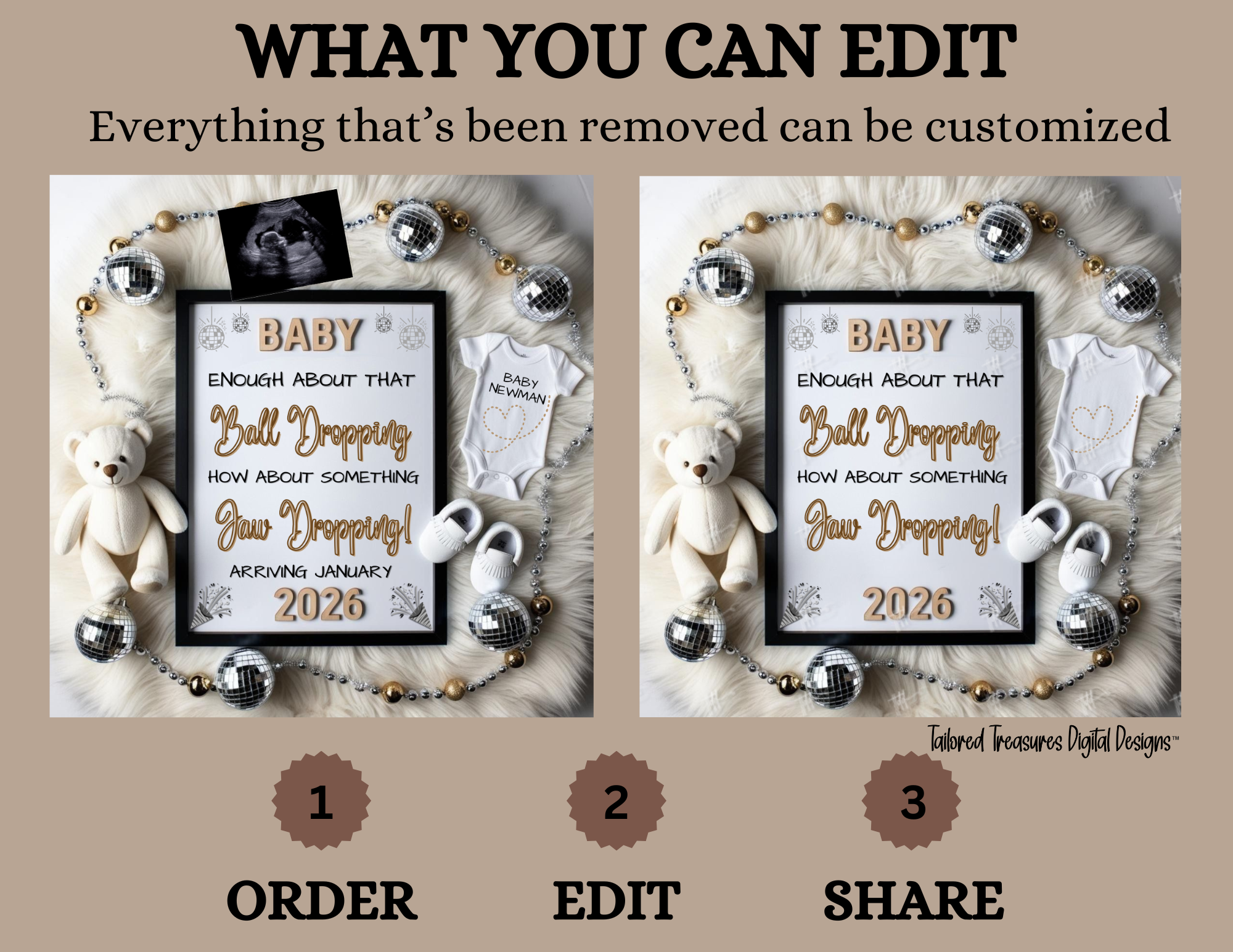 Digital design for a baby announcement with customizable text on a beige background.