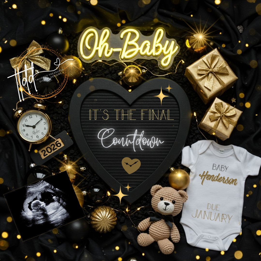 New Years baby reveal items including a heart-shaped sign, teddy bear, and baby onesie on a dark background.