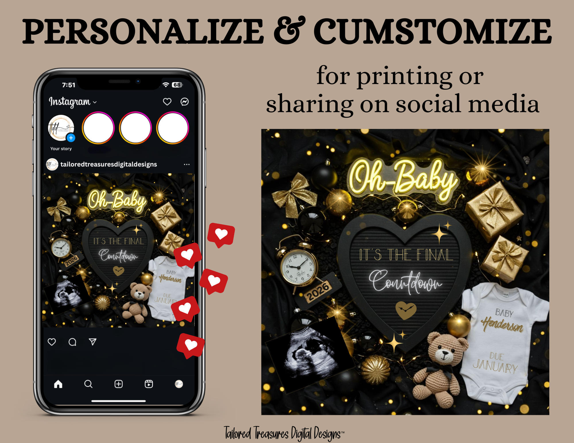 Phone screen with digital design elements and printed design on a brown background