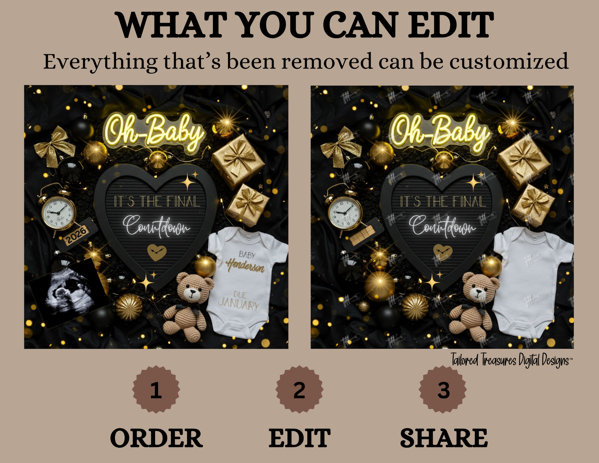 Product display with customizable elements on a beige background