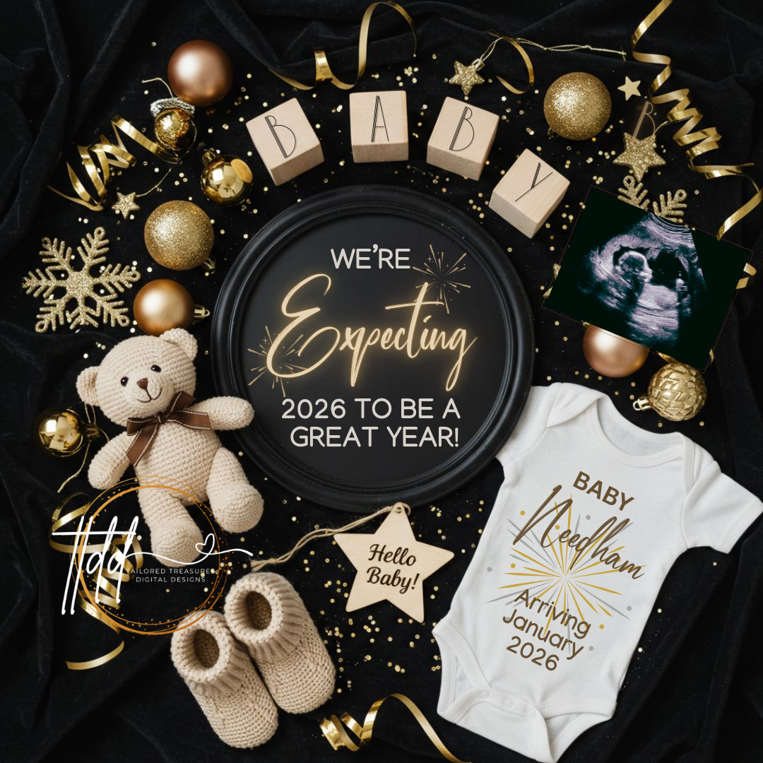 New Years Baby reveal collage with teddy bear, baby booties, onesie, and 'We're Expecting' sign on a dark background.