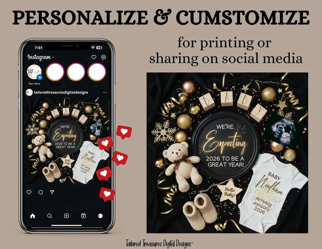 Phone screen with social media interface and baby-themed decorations on a brown background