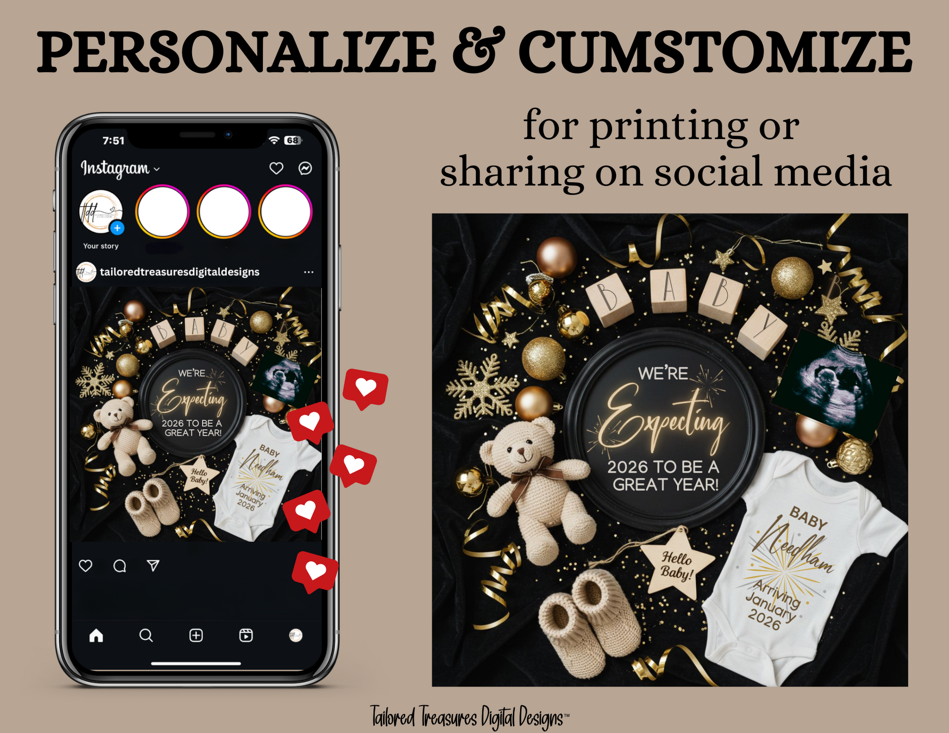 Phone screen with social media interface and baby-themed decorations on a brown background