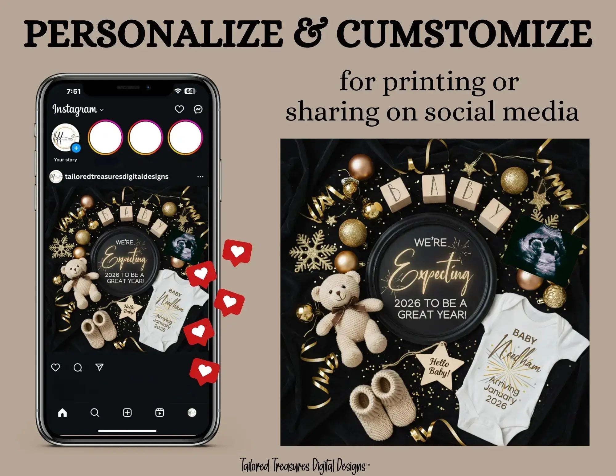 Phone screen with social media interface and baby-themed decorations on a brown background