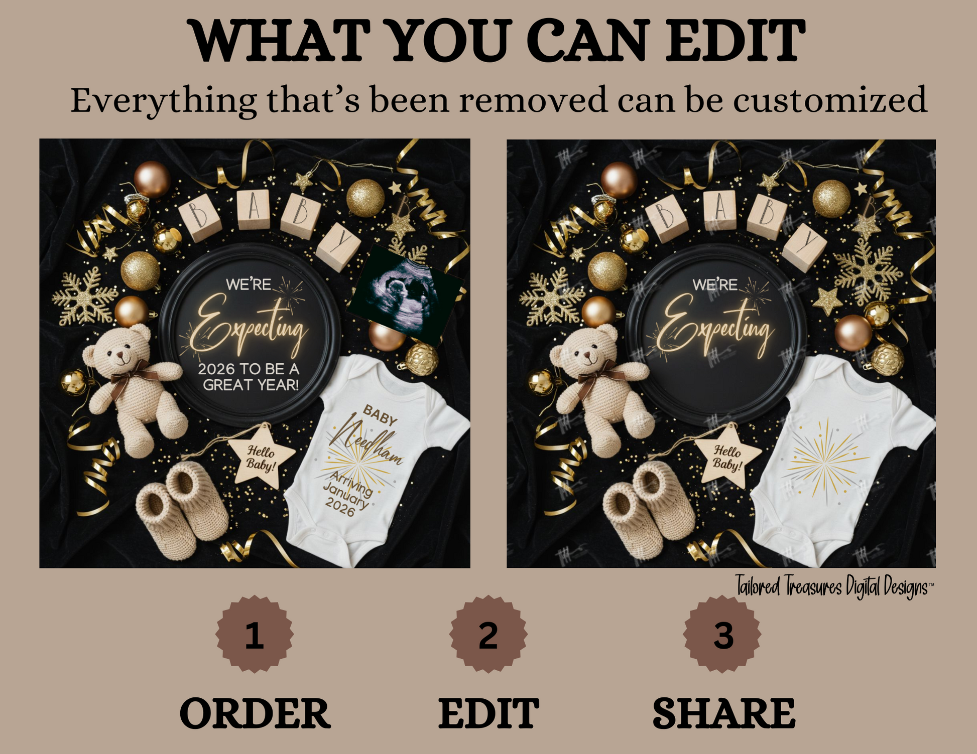 Promotional graphic for customizable baby shower decorations with text and images of a teddy bear, onesie, and baby booties.