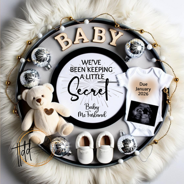 Baby announcement new years with teddy bear, shoes, onesie, and ultrasound photo on a fluffy white background.