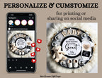 Phone screen with social media app showing a baby-themed design, next to a physical baby shower decoration with text and toys.