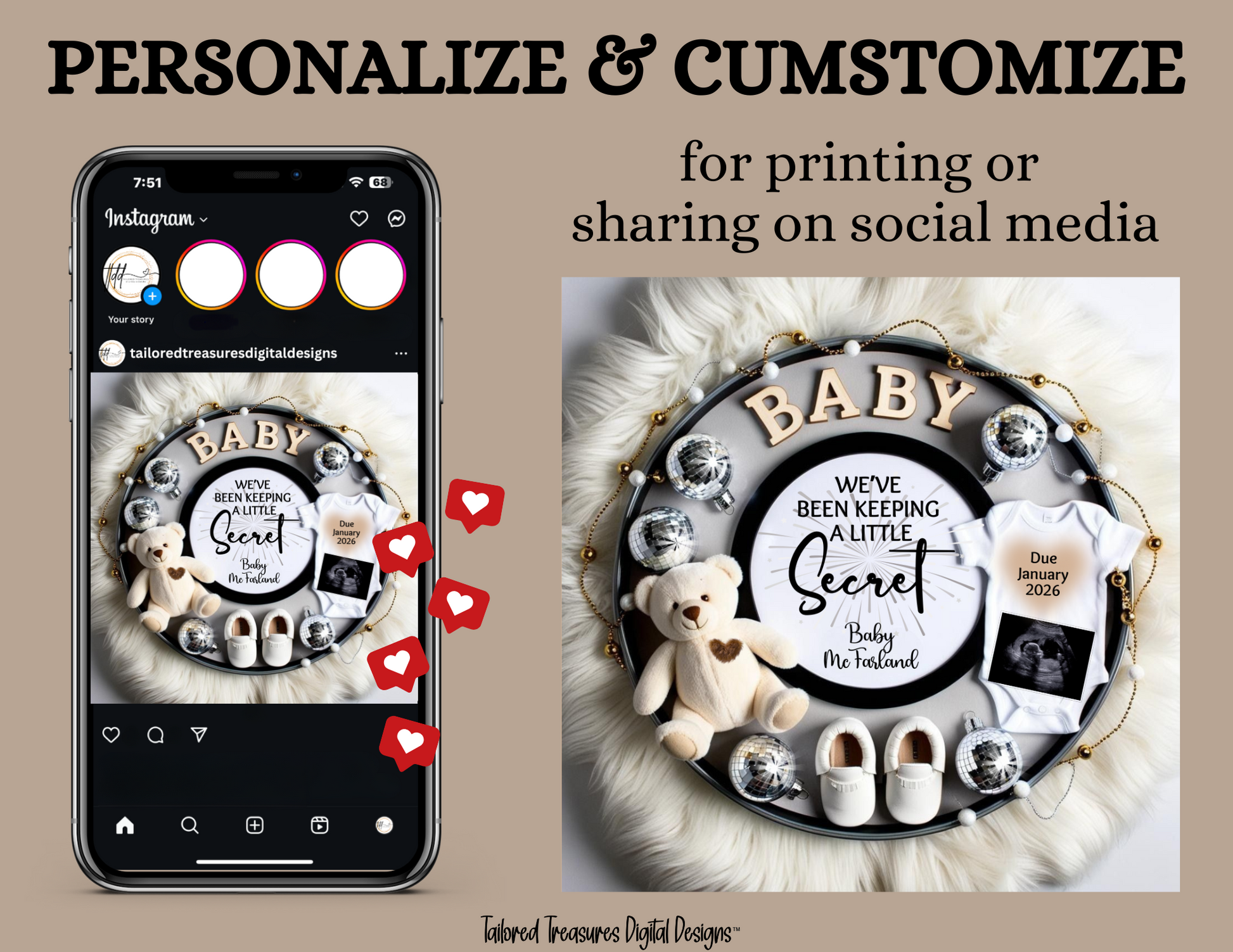 Phone screen with social media app showing a baby-themed design, next to a physical baby shower decoration with text and toys.