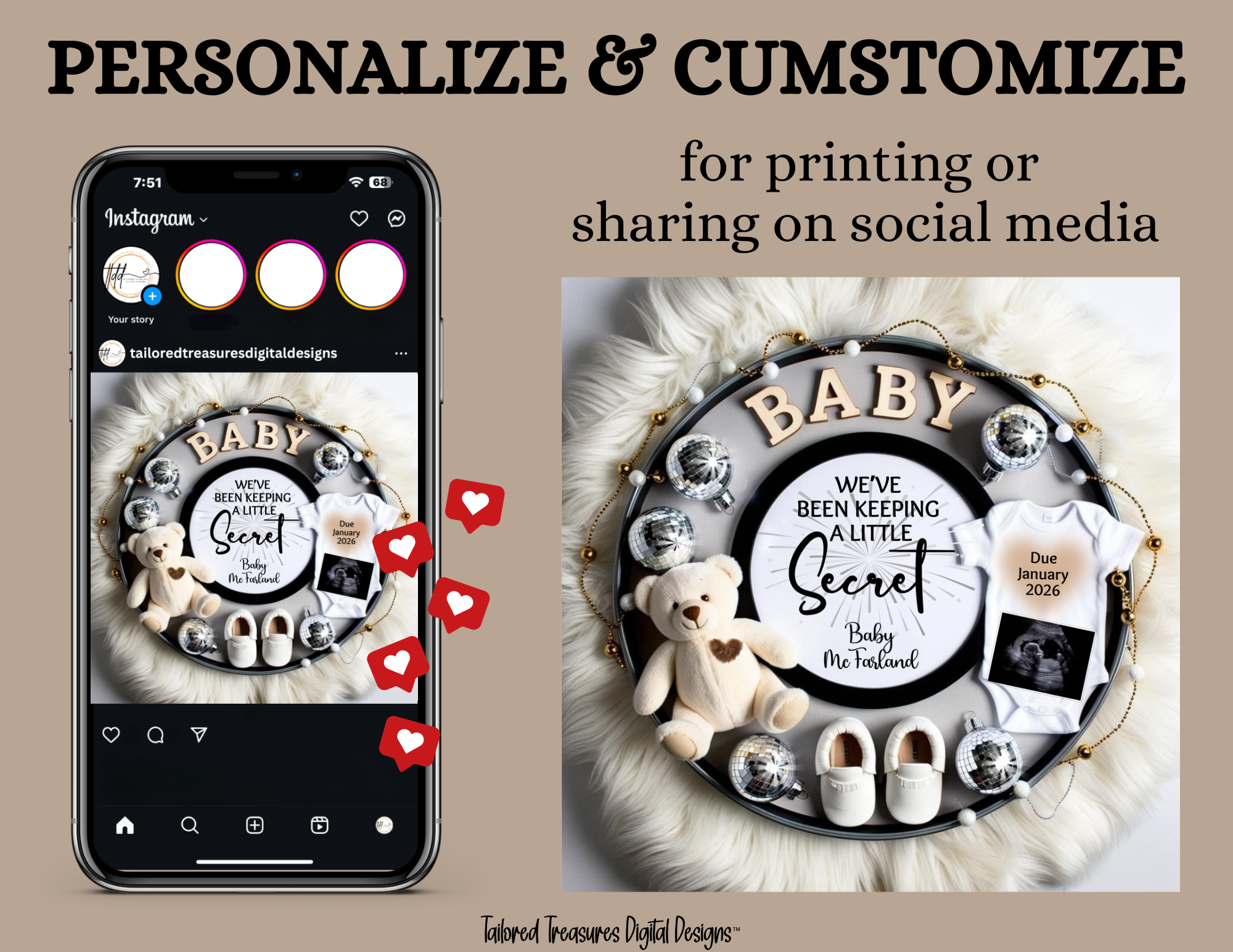 Phone screen with social media app showing a baby-themed design, next to a physical baby shower decoration with text and toys.