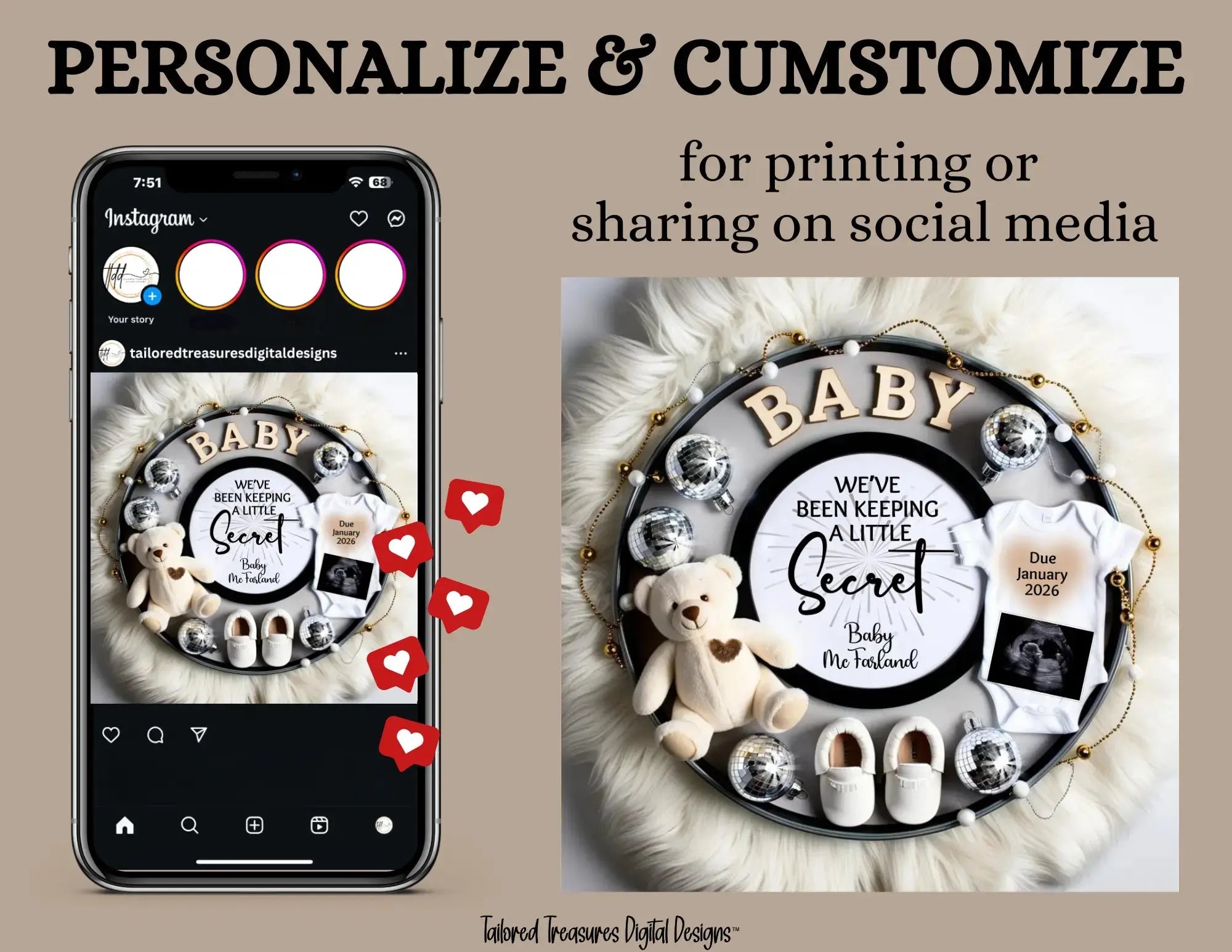 Phone screen with social media app showing a baby-themed design, next to a physical baby shower decoration with text and toys.