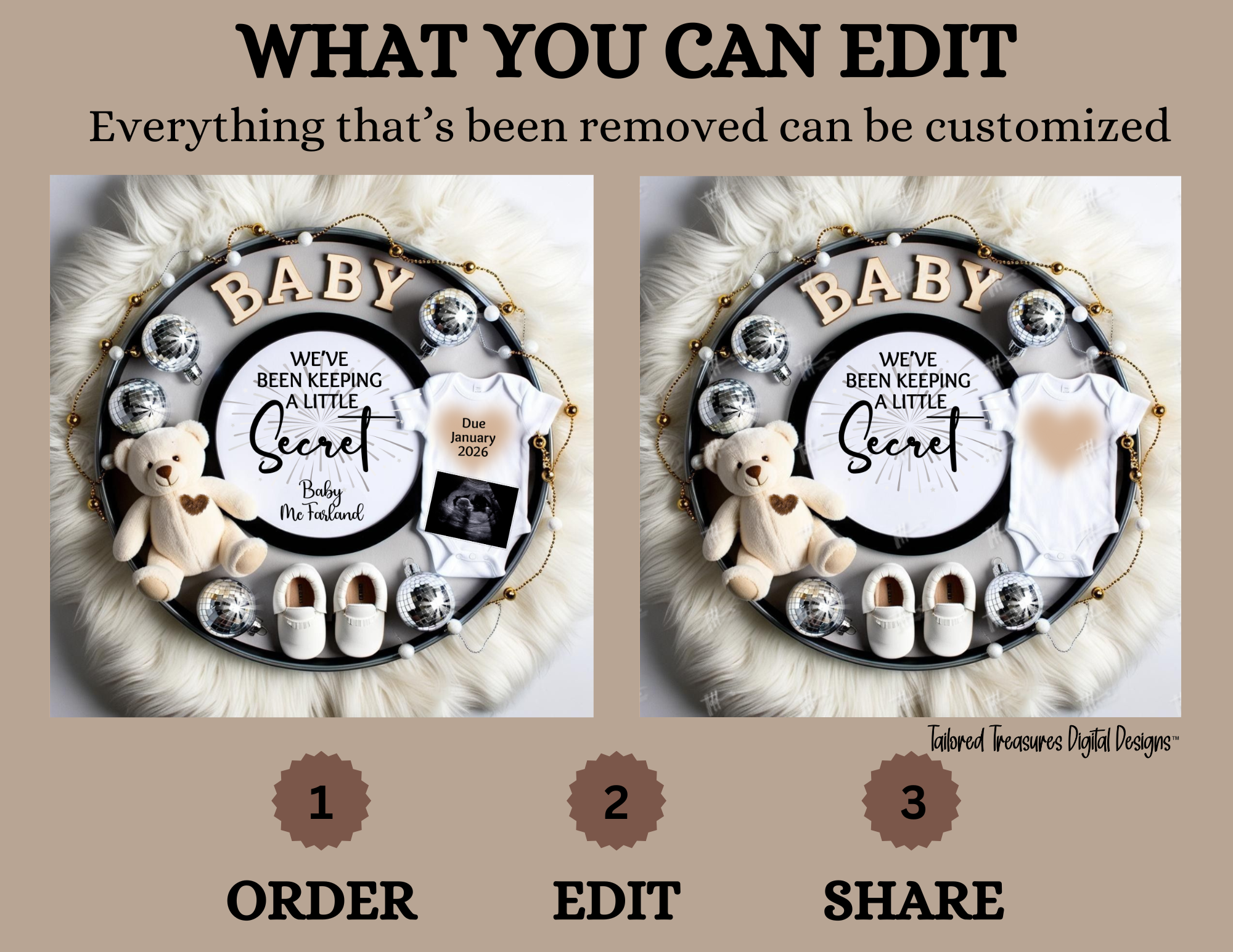 Baby-themed wreath with customizable text and items on a beige background