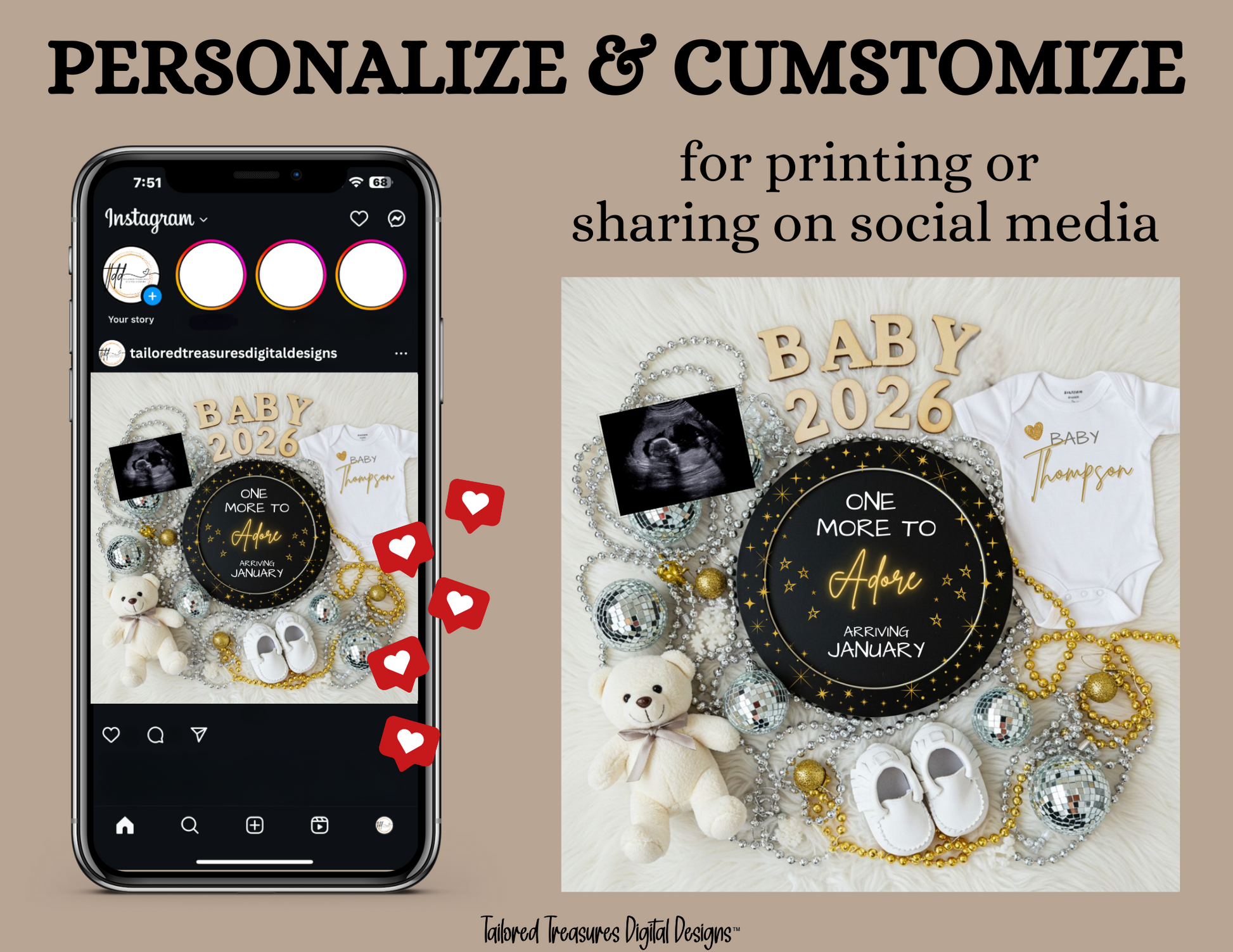 Phone screen with social media app and baby-themed design elements on a beige background