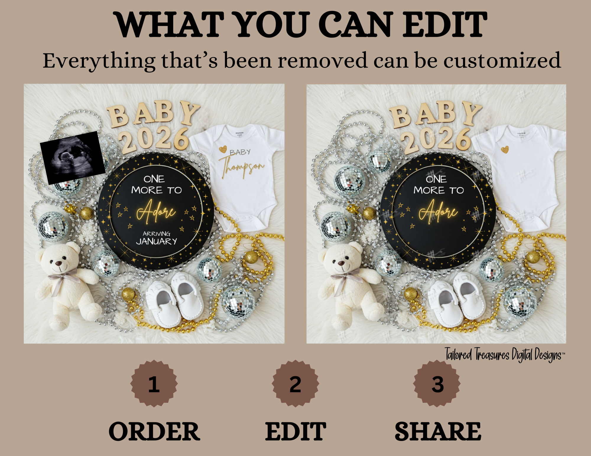 Baby-themed design with customizable elements on a beige background