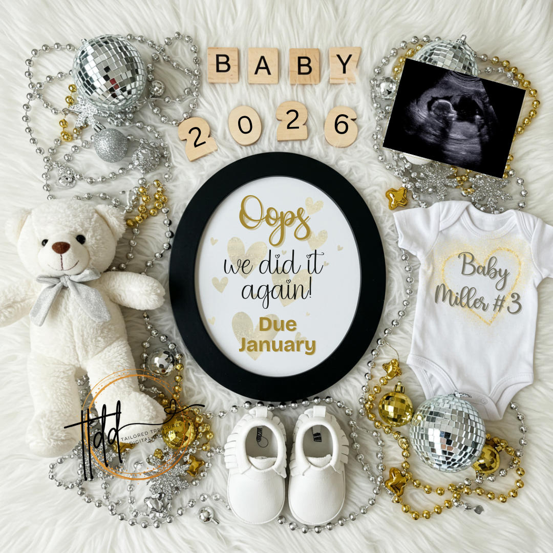 Baby-themed reveal teddy bear, baby shoes, and 'Baby' sign on a textured surface.
