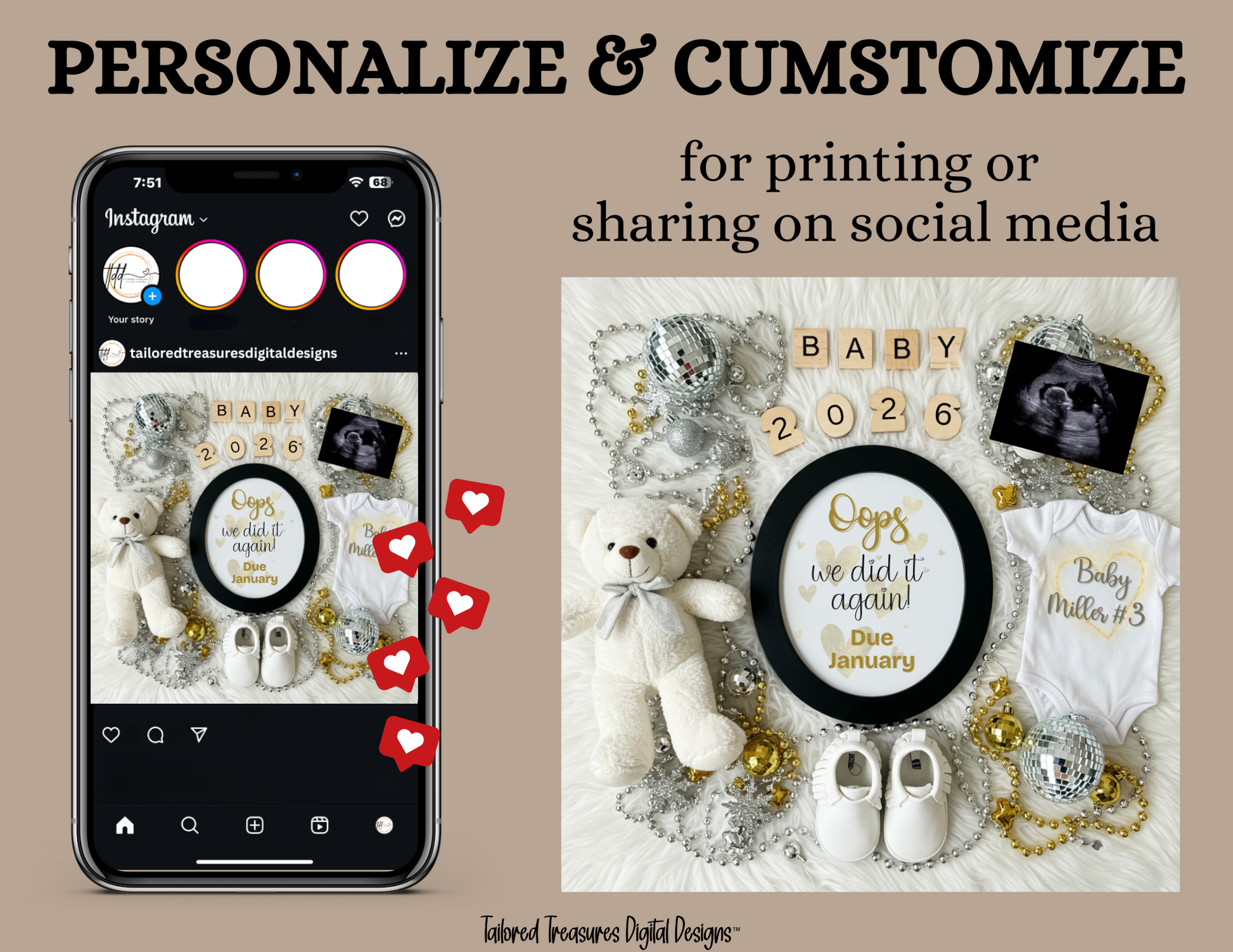 Phone screen with Instagram app showing baby-themed design and physical baby items on a textured surface.