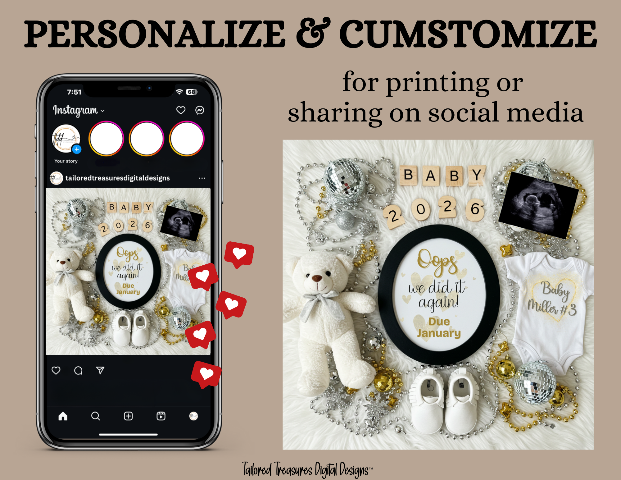 Phone screen with Instagram app showing baby-themed design and physical baby items on a textured surface.