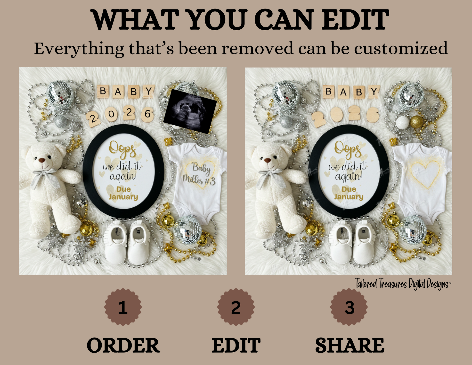 Design kit for a baby-themed product with customizable elements on a beige background.