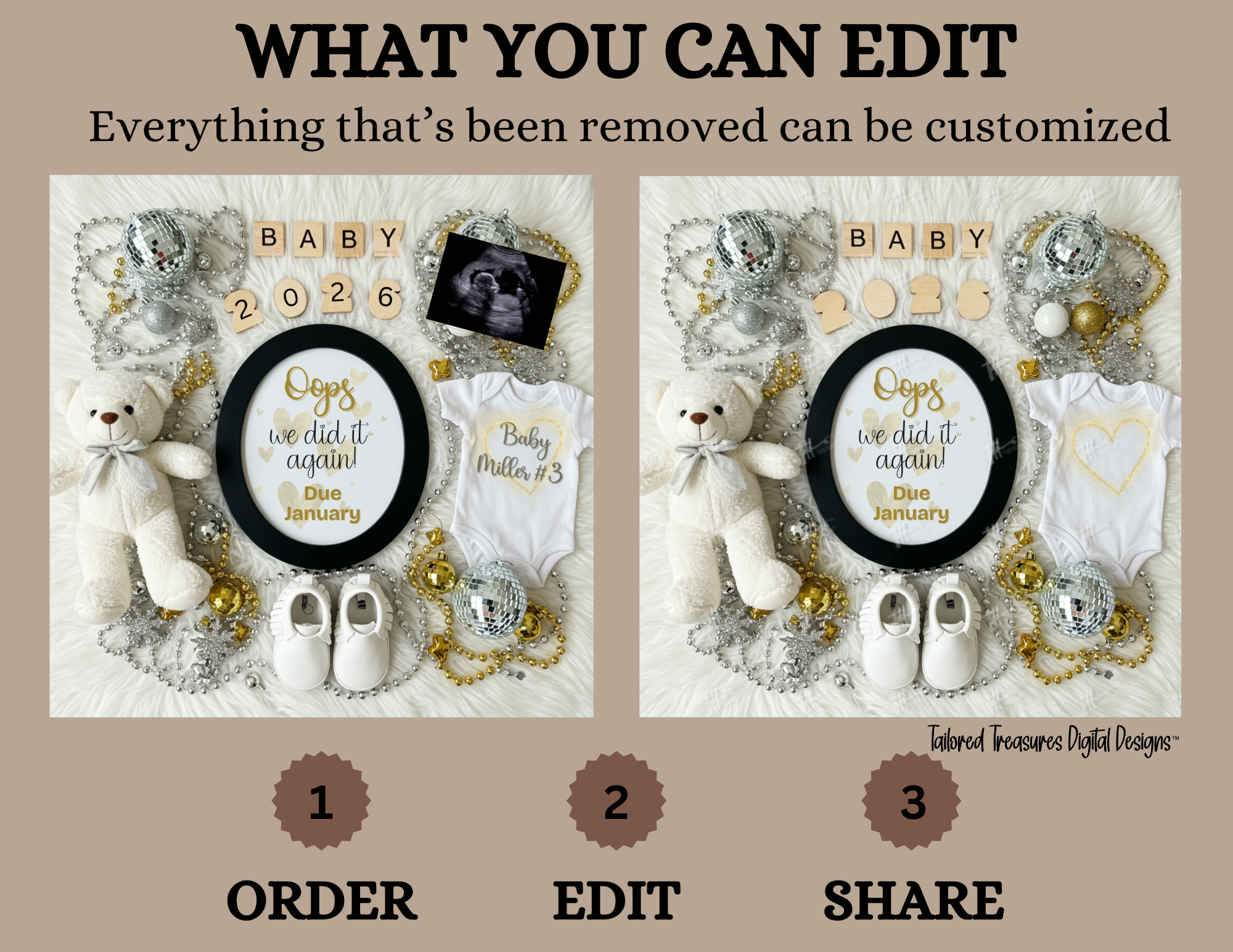 Design kit for a baby-themed product with customizable elements on a beige background.