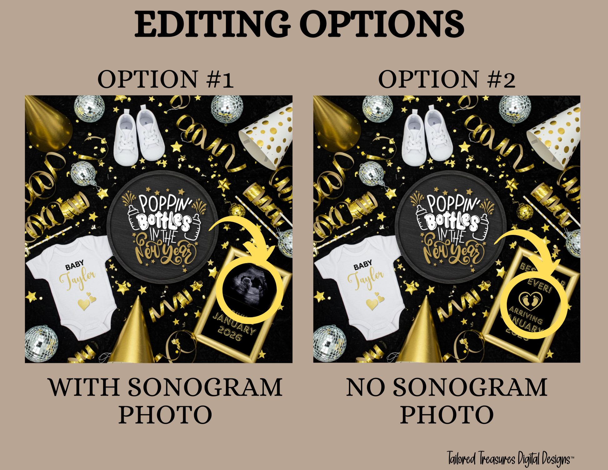 Two design options for a baby shower invitation with sonogram photo and without sonogram photo on a beige background.