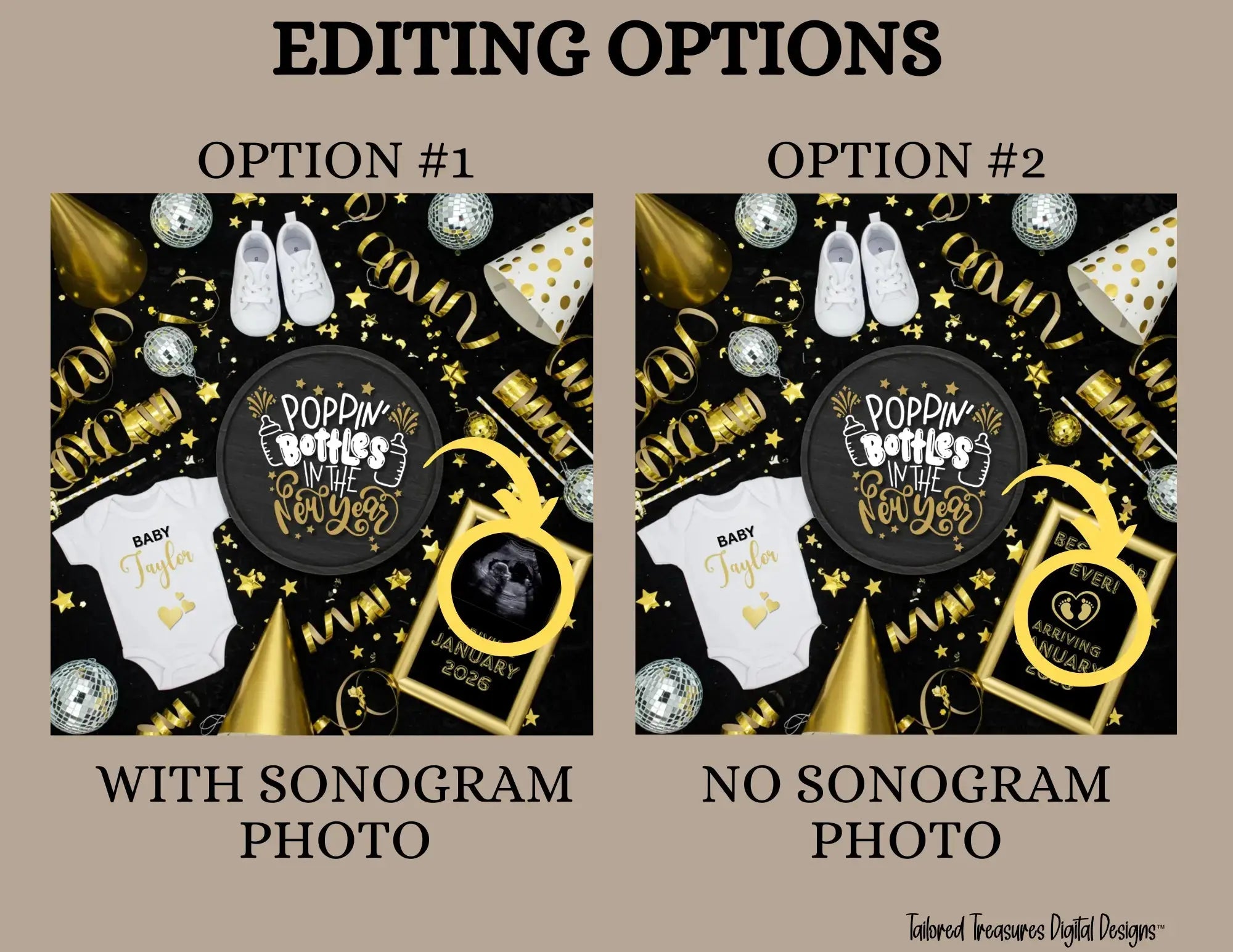 Two design options for a baby shower invitation with sonogram photo and without sonogram photo on a beige background.