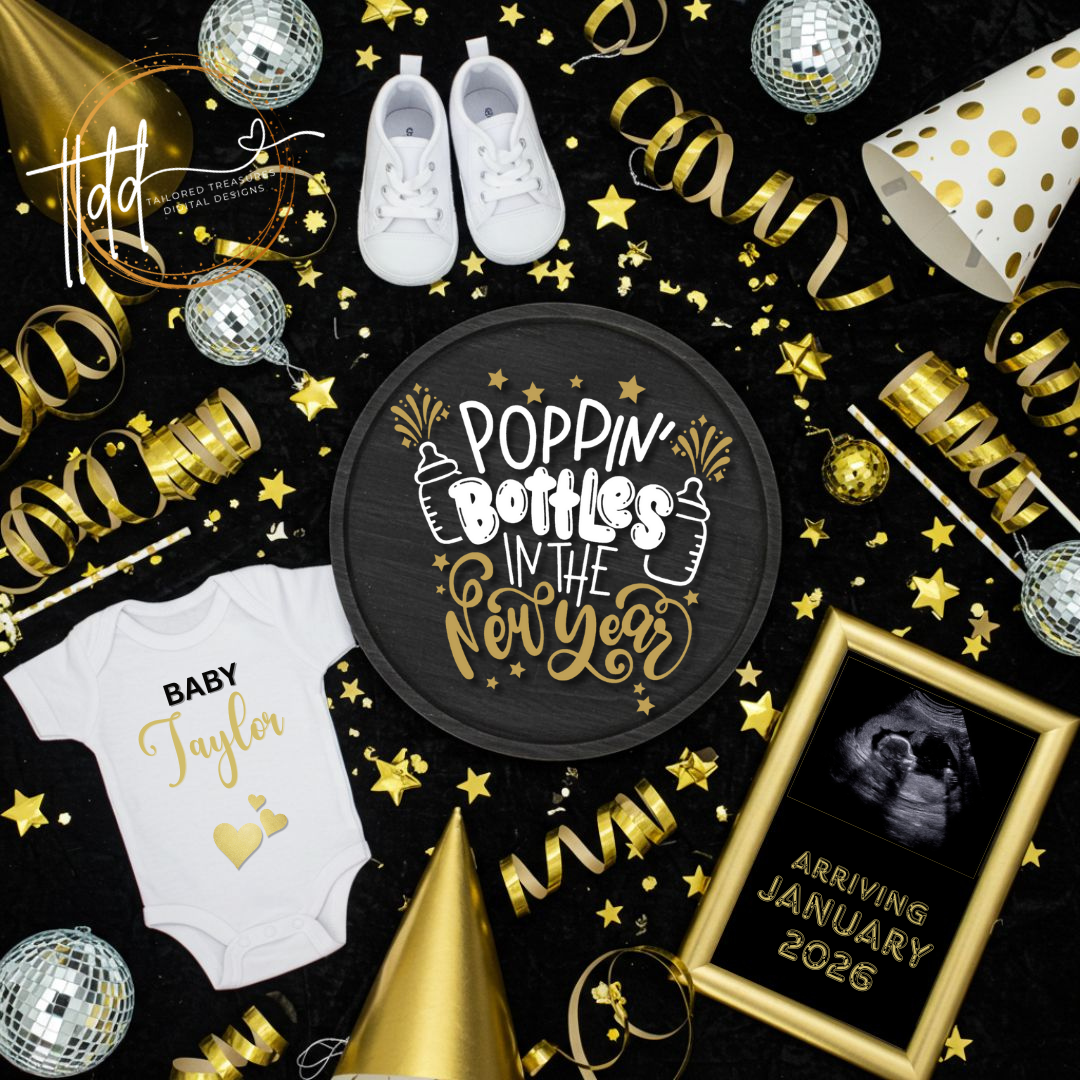 New Year's Eve-themed baby reveal decorations with baby onesie, photo frame, and 'Poppin Bottles in the New Year' sign.