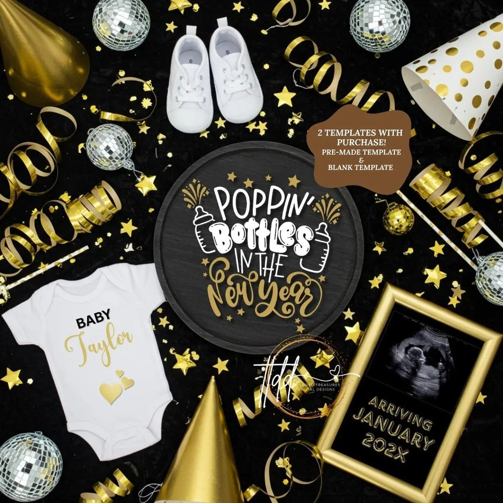 New Years Poppin Bottles Baby Reveal Digital Editable Template, Gender Neutral Canva Template TailoredTreasuresDigitalDesigns™