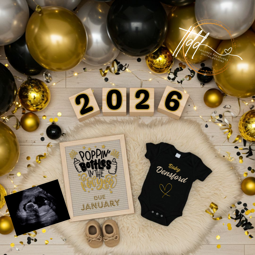 New Year's Baby Reveal with balloons, baby onesie, and ultrasound photo on a wooden surface.