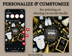 Phone screen with social media app and printed design of baby shower decorations on a brown background.