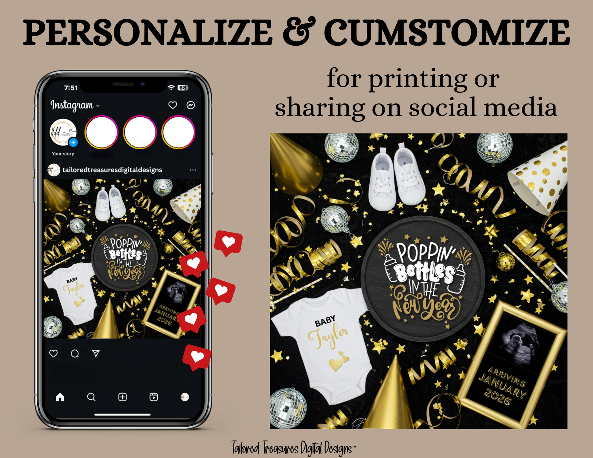 Phone screen with social media app and printed design of baby shower decorations on a brown background.