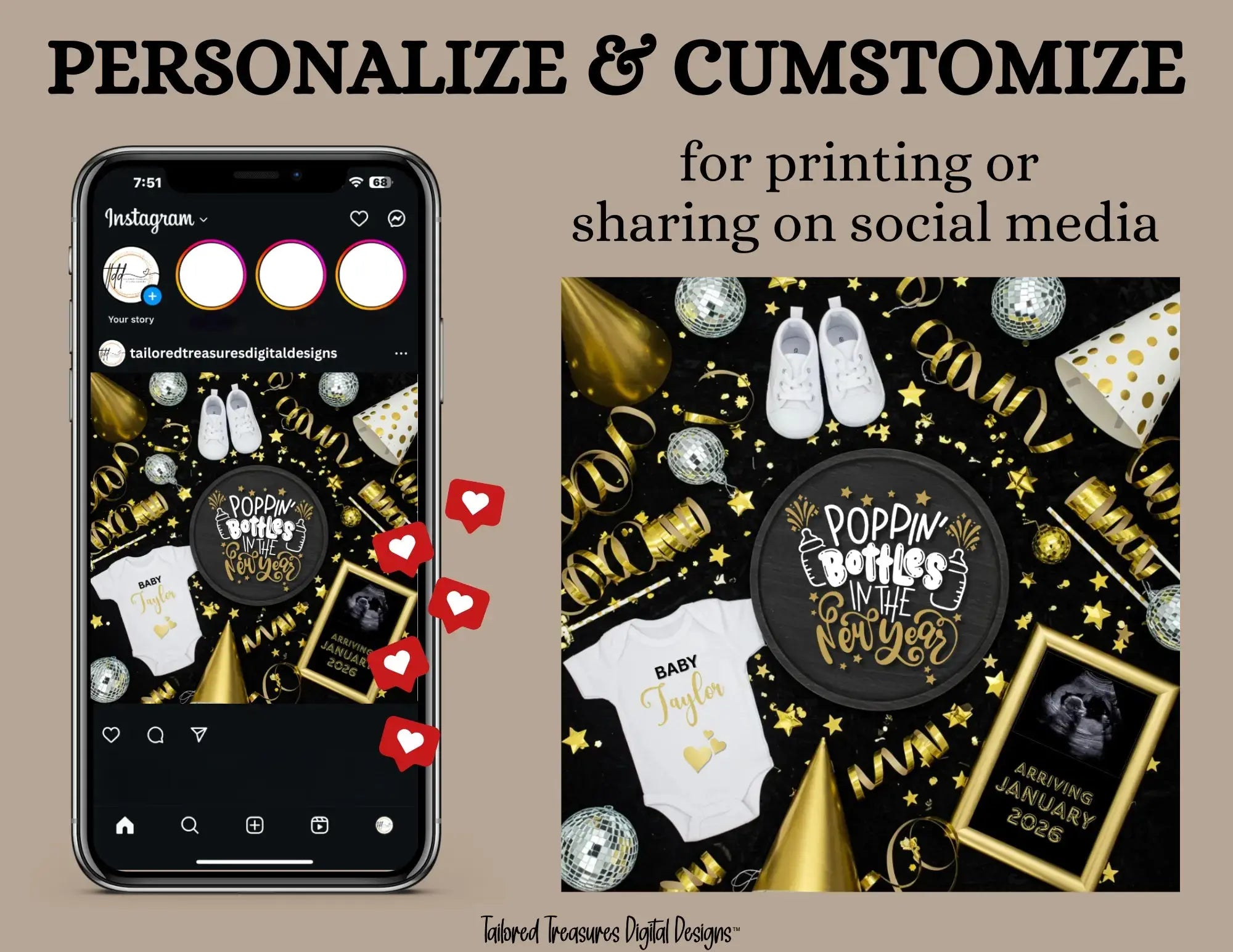 Phone screen with social media app and printed design of baby shower decorations on a brown background.