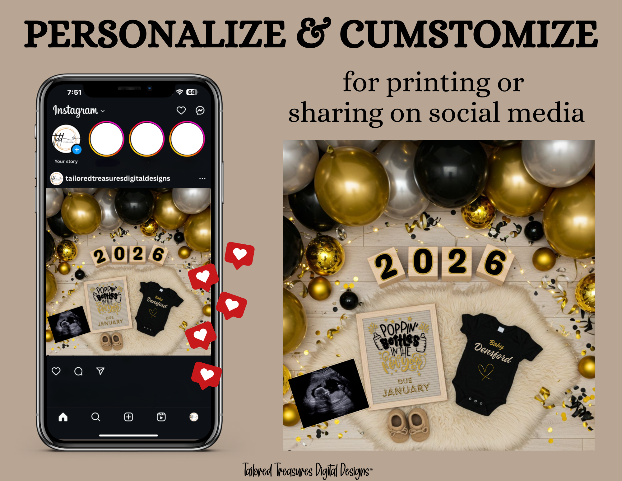 Phone screen with social media app and printed items on a table with balloons, text '2026'.