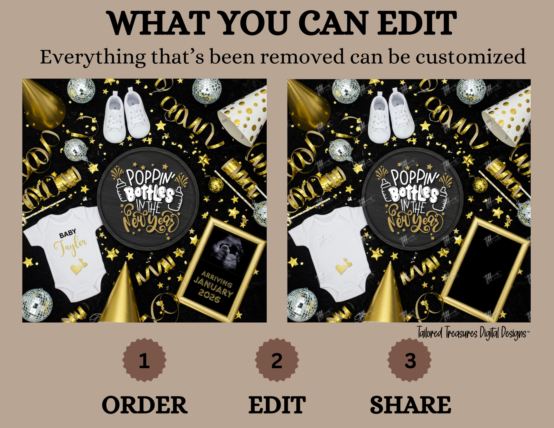 Digital design template for a baby shower invitation with customizable elements on a beige background.