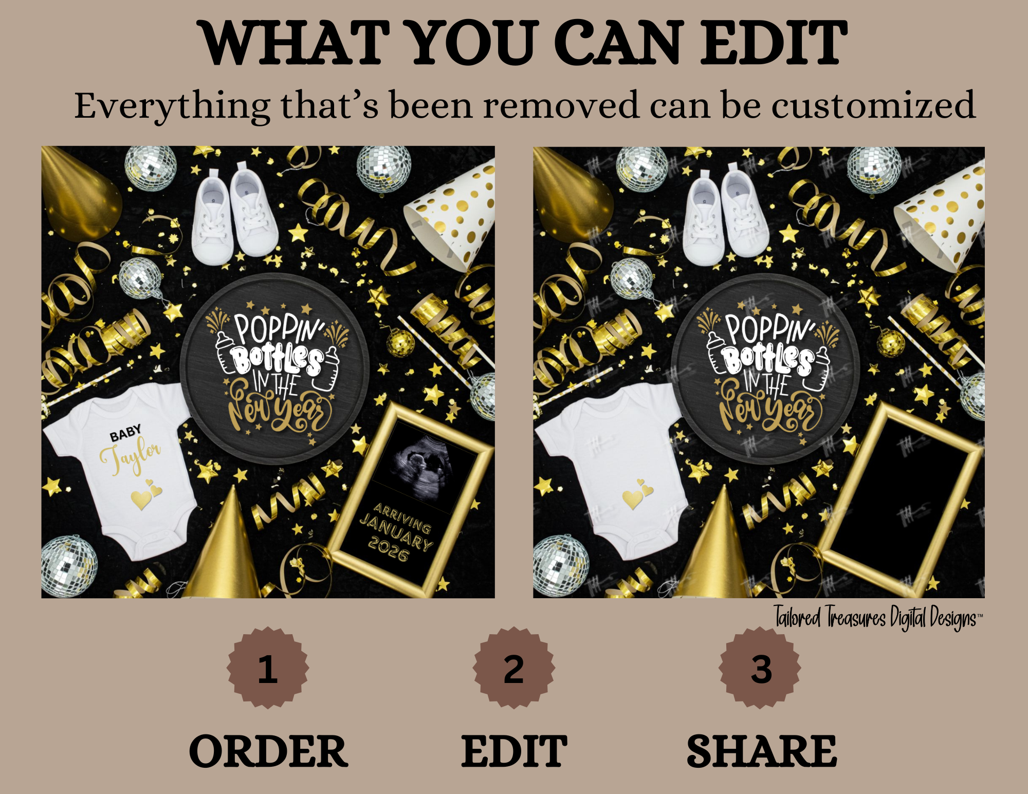 Digital design template for a baby shower invitation with customizable elements on a beige background.