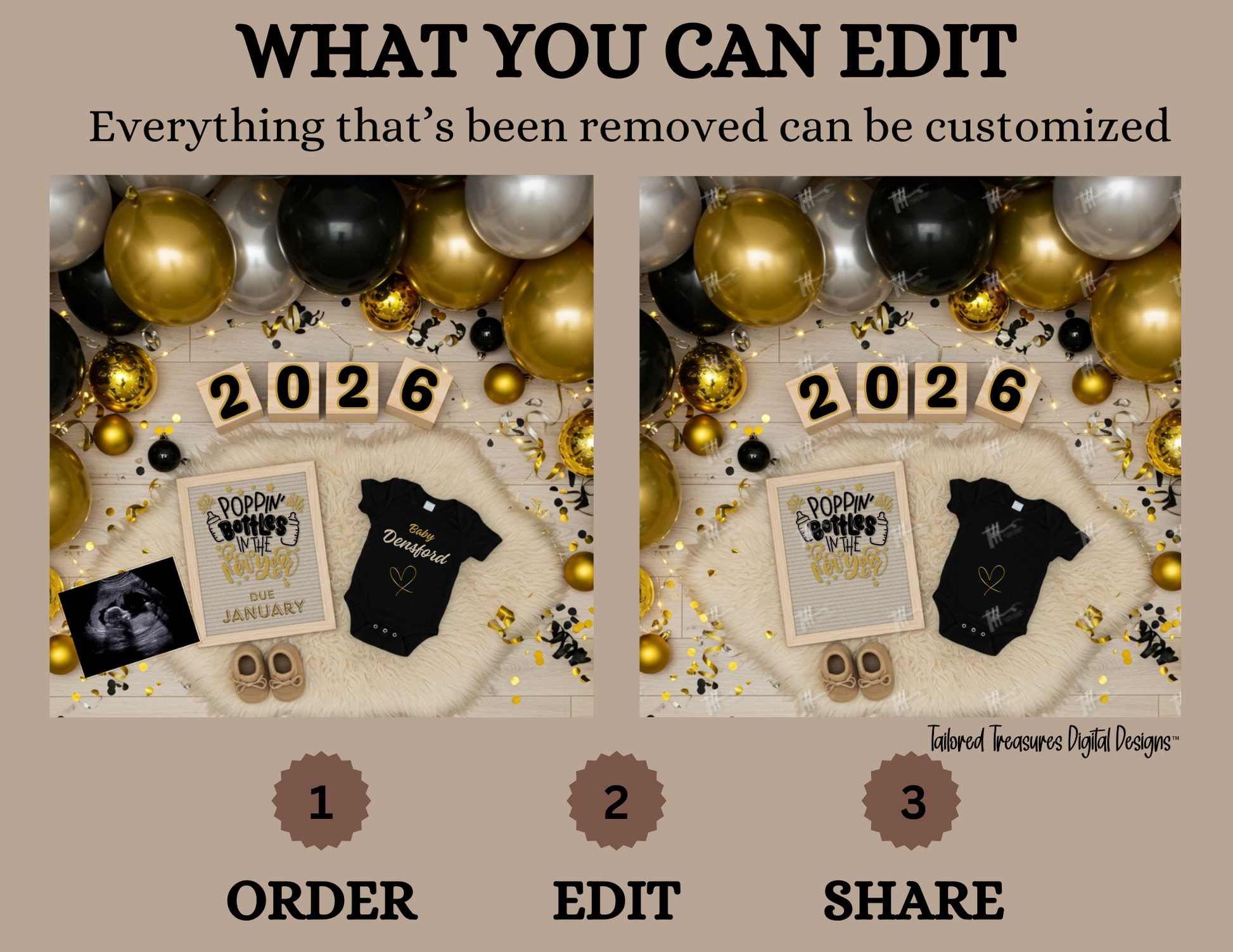 Digital design layout with balloons, baby onesie, and '2026' text on a beige background.