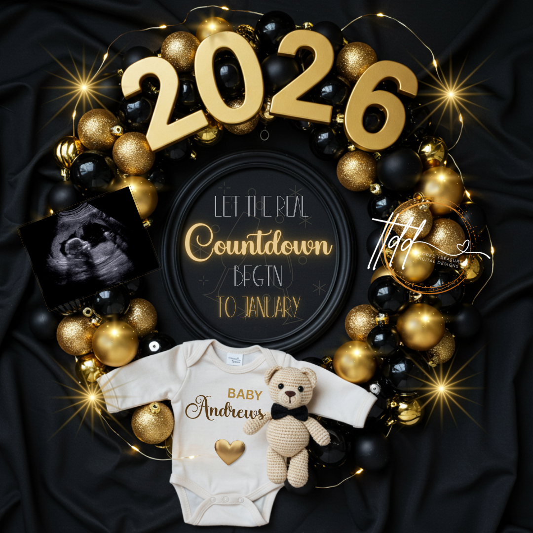 Decorative New Years Baby Reveal wreath and baby-themed items on a dark background