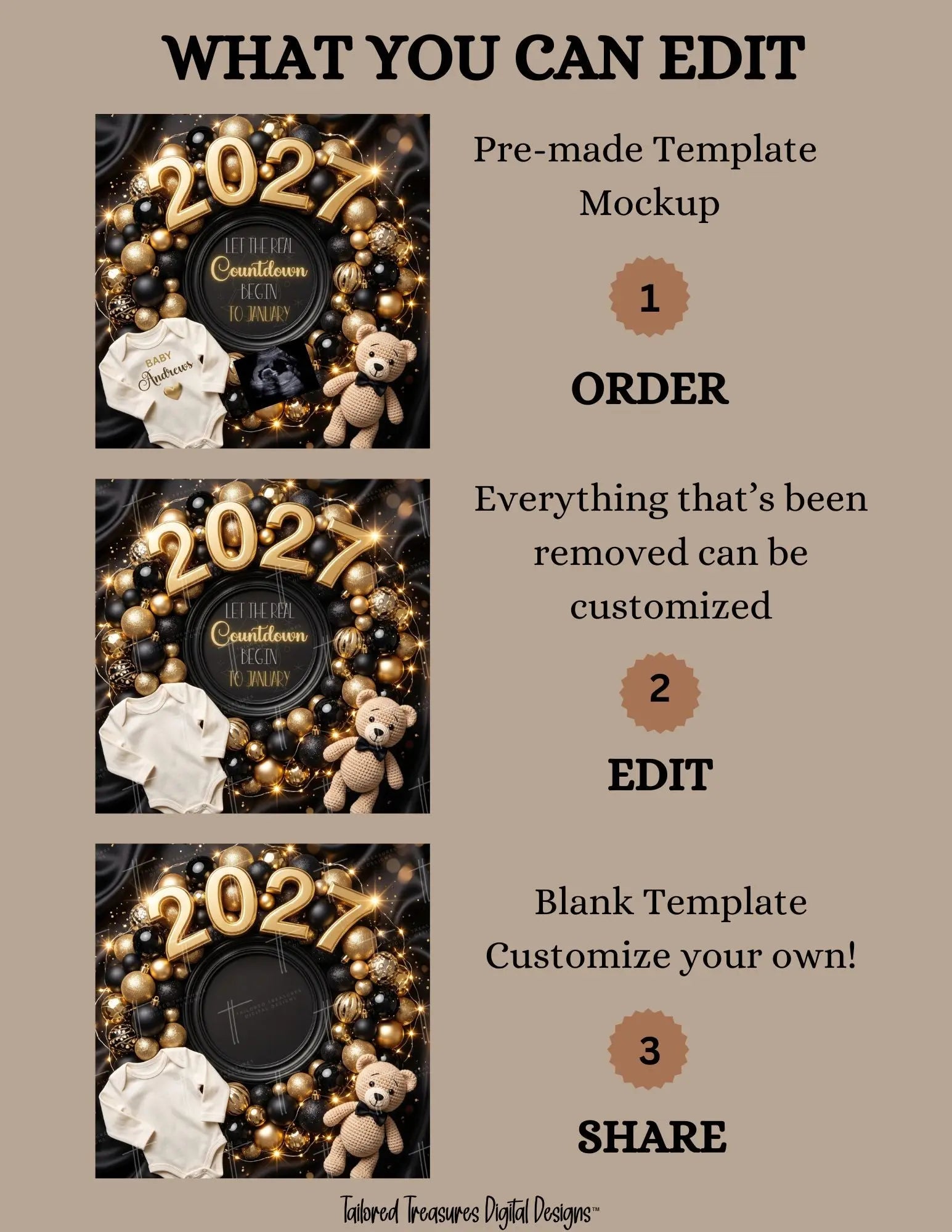 New Years Real Countdown Baby Reveal Digital Editable Template, Gender Neutral Canva Template TailoredTreasuresDigitalDesigns™