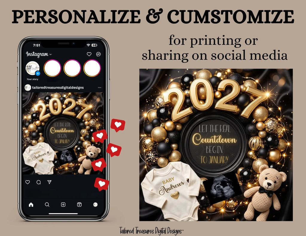 New Years Real Countdown Baby Reveal Digital Editable Template, Gender Neutral Canva Template TailoredTreasuresDigitalDesigns™