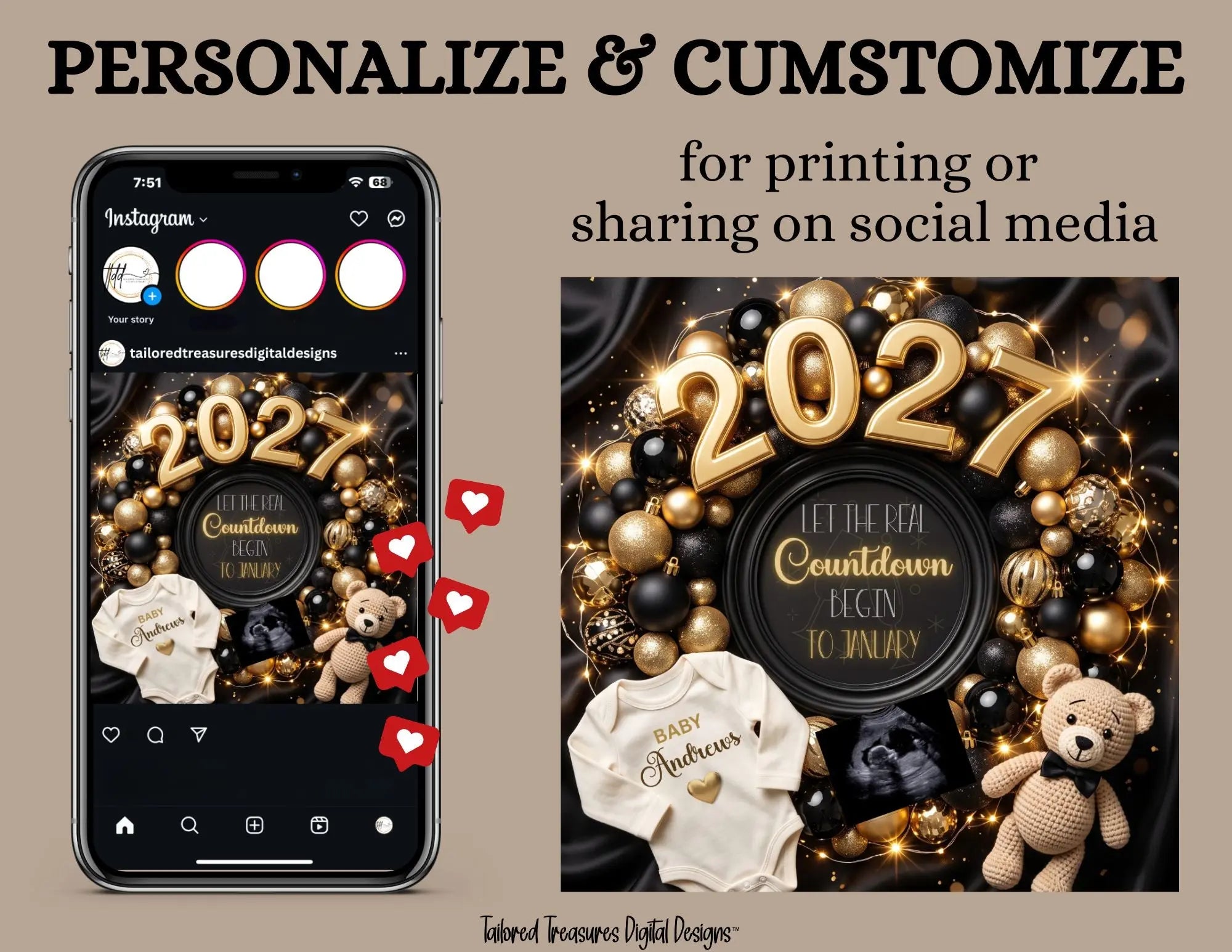 New Years Real Countdown Baby Reveal Digital Editable Template, Gender Neutral Canva Template TailoredTreasuresDigitalDesigns™