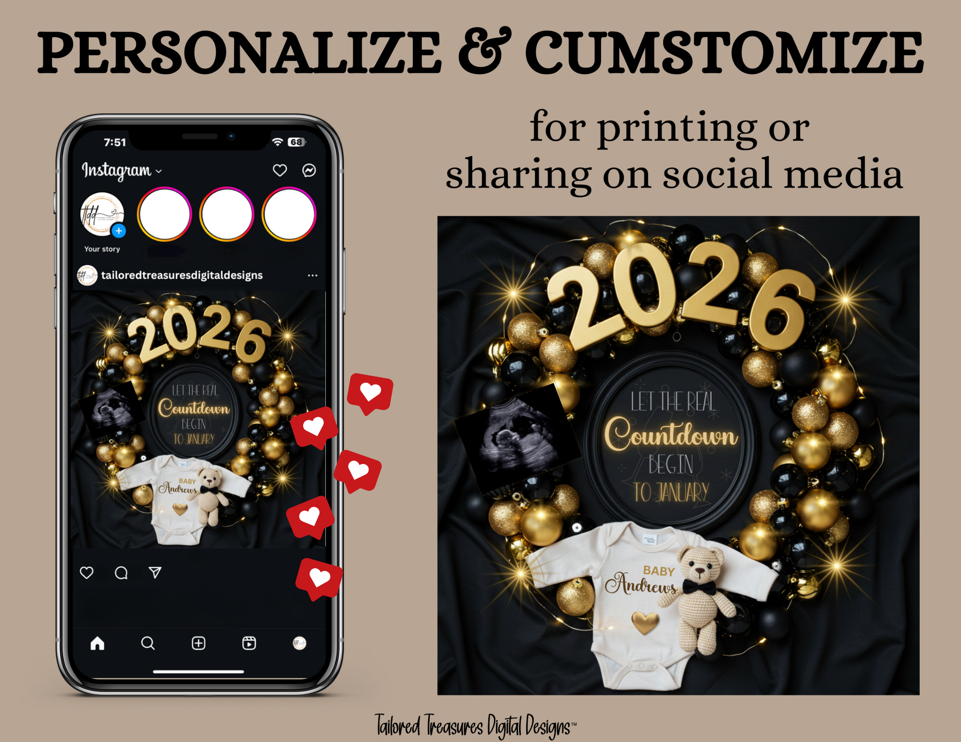 Phone screen with social media post featuring '2026' design, surrounded by decorative elements like balloons and a baby outfit.