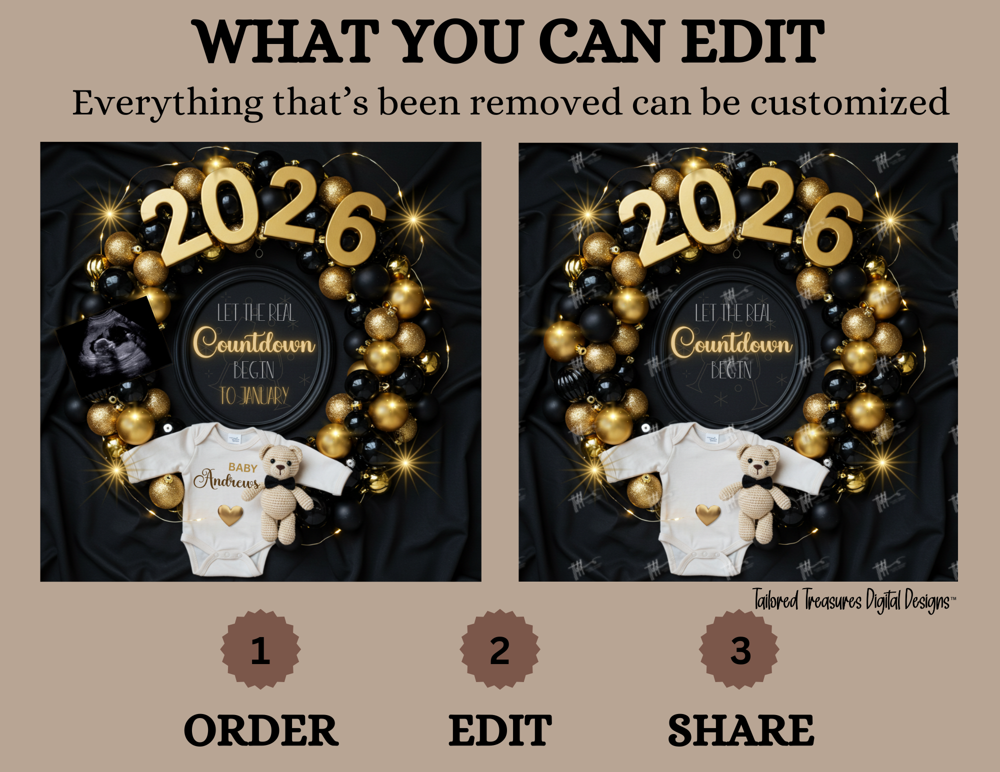Product display with '2026' design, teddy bear, and baby outfit on a beige background.