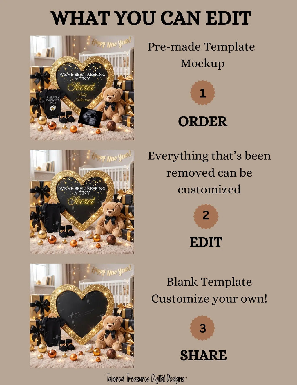 Tiny Secret New Years Baby Reveal Digital Editable Template, Gender Neutral Canva Template TailoredTreasuresDigitalDesigns™