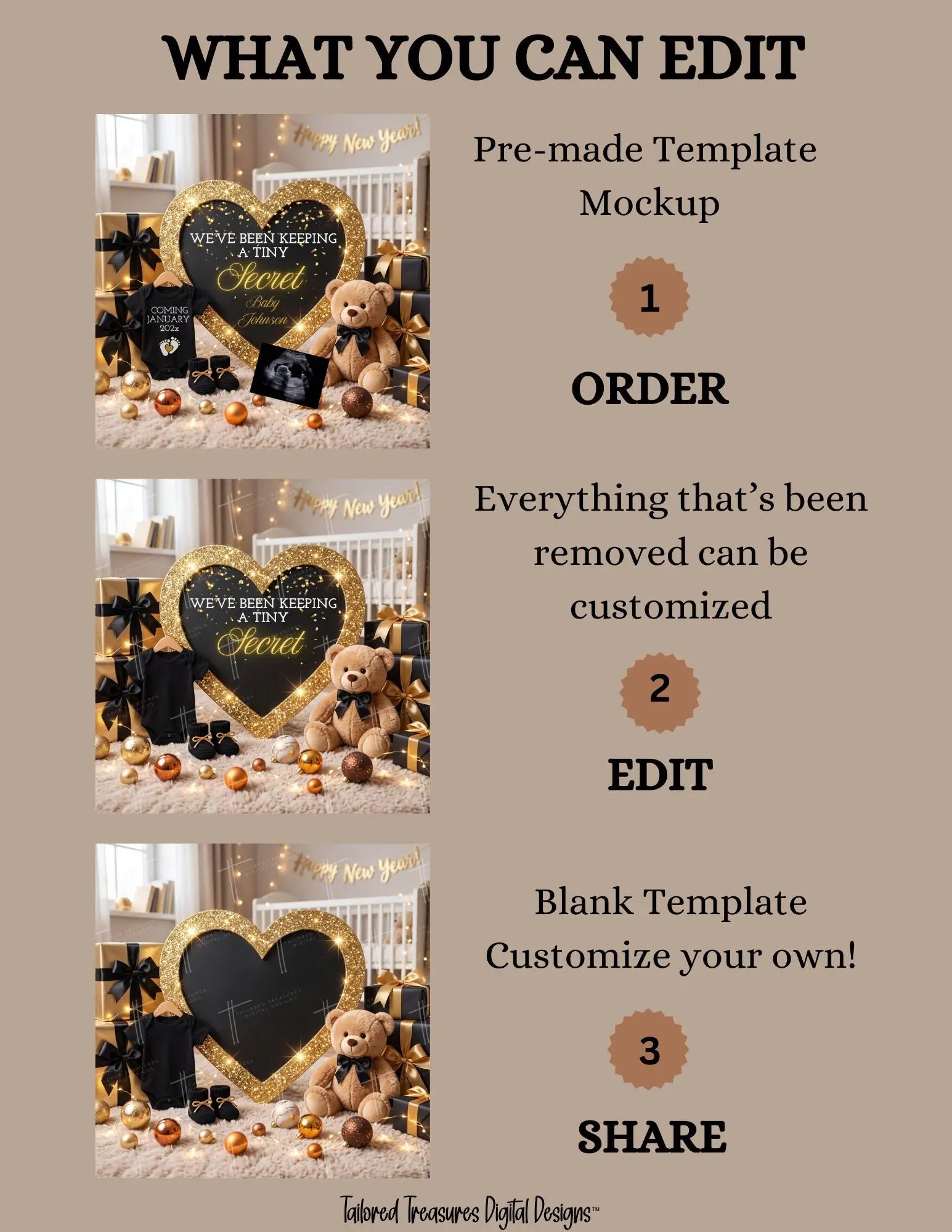 Tiny Secret New Years Baby Reveal Digital Editable Template, Gender Neutral Canva Template TailoredTreasuresDigitalDesigns™