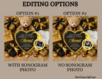 Two options for a baby announcement card with teddy bear, gifts, and heart-shaped sign on a beige background.