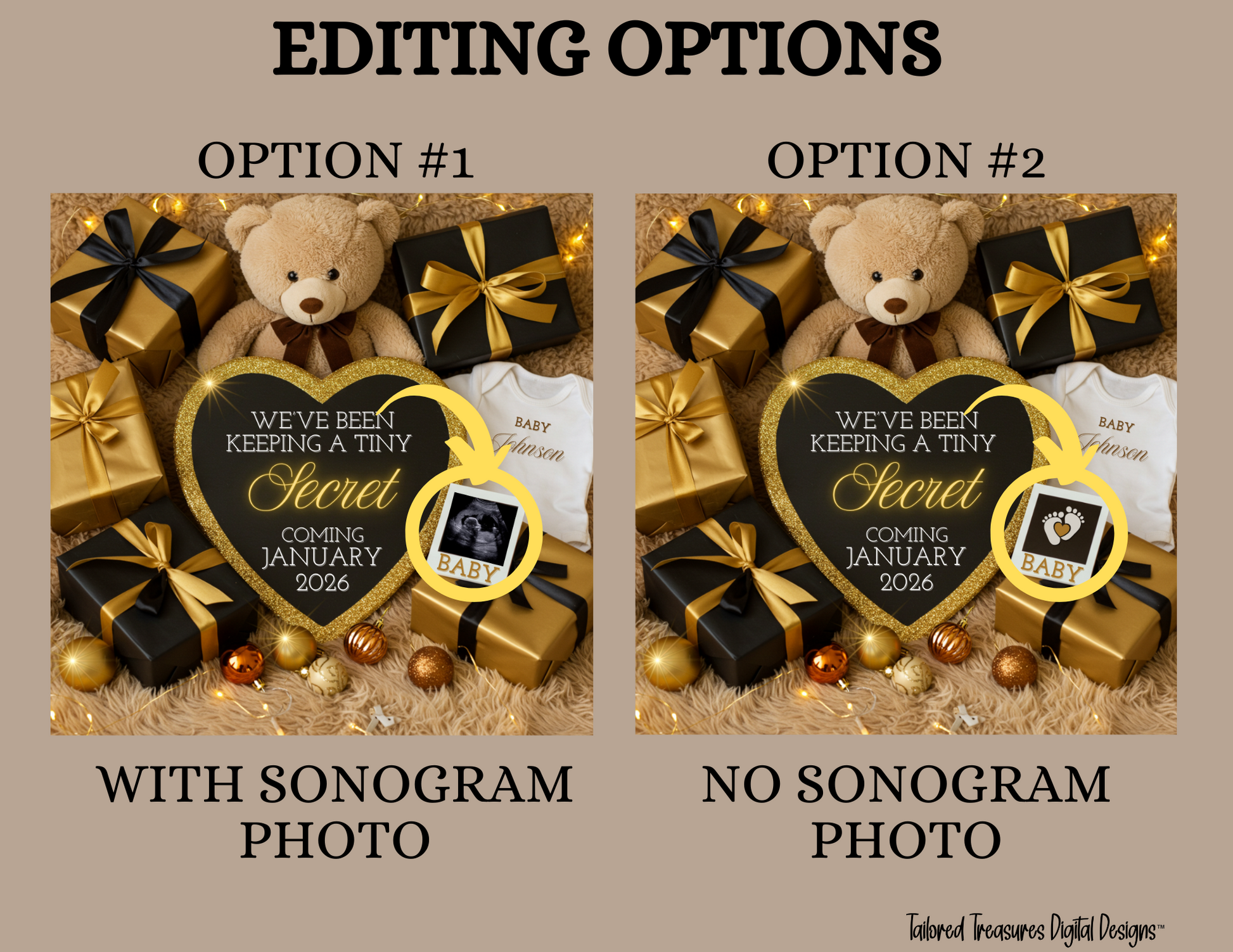Two options for a baby announcement card with teddy bear, gifts, and heart-shaped sign on a beige background.